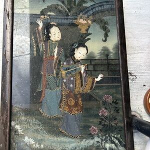 Chinese Reverse Glass Paintings with Figures and Garden Scene, Set of 2
